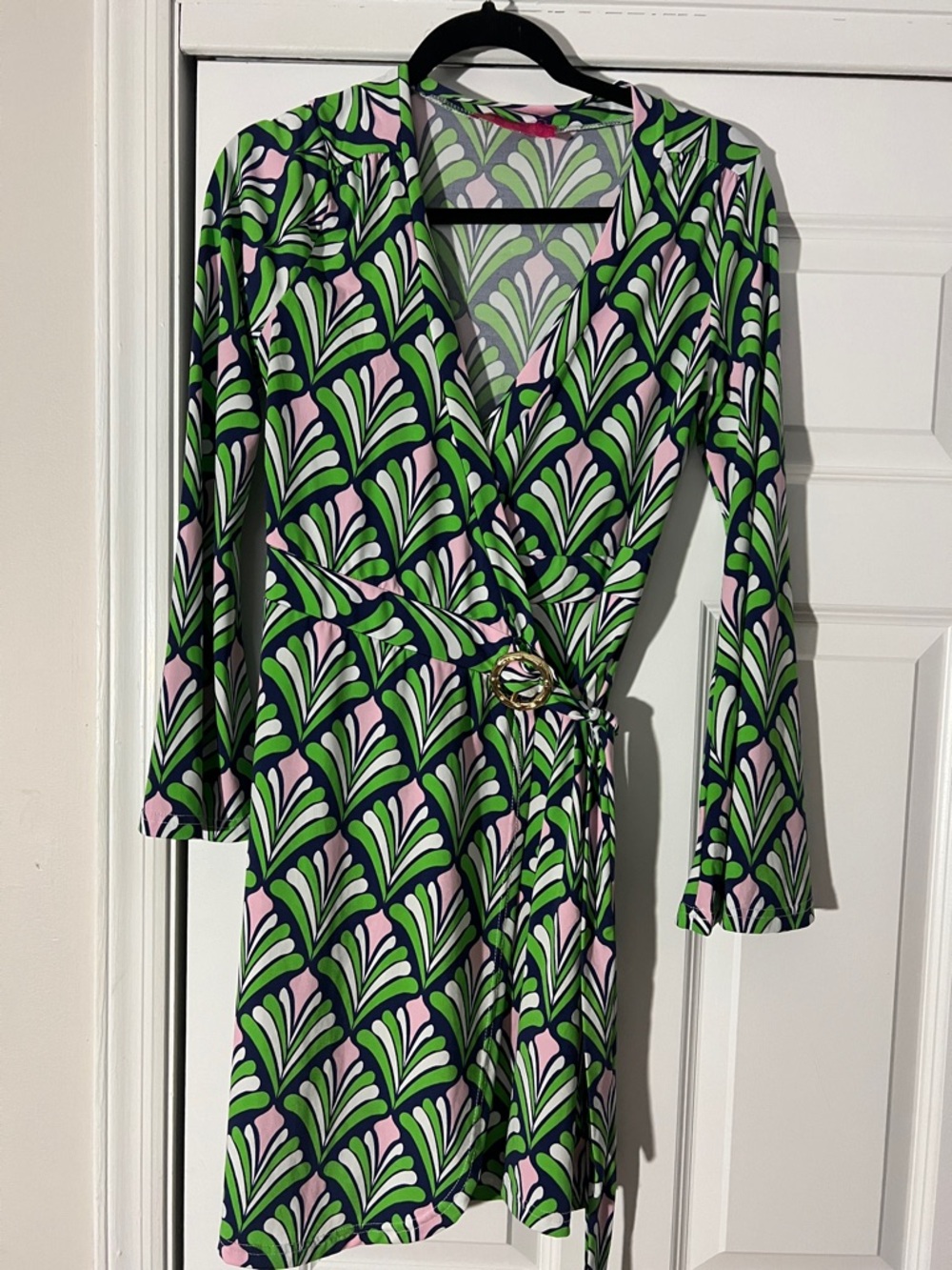 Macbeth Collection by Margaret Josephs Green, Pink & Navy Geometric Wrap Dress